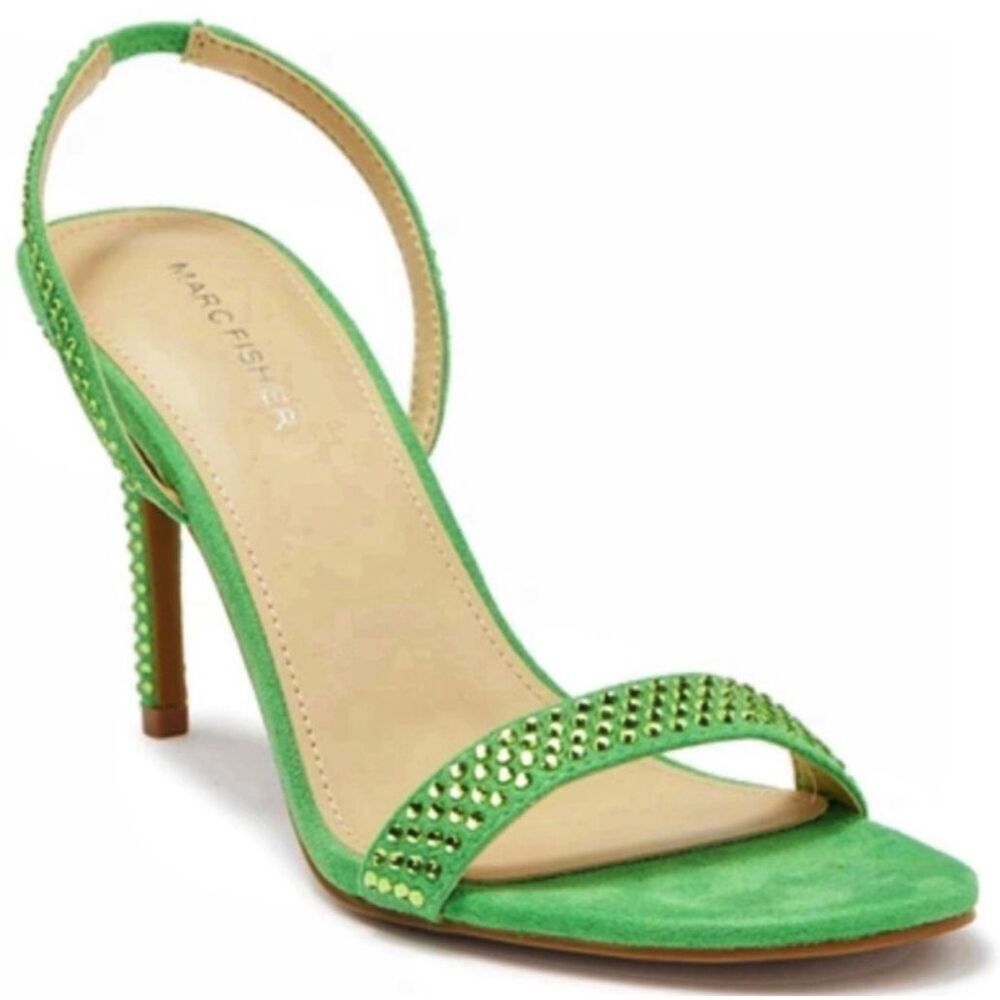 Marc Fisher Sandals Womens 7 Green Betila Slingback Heels Rhinestone Accents